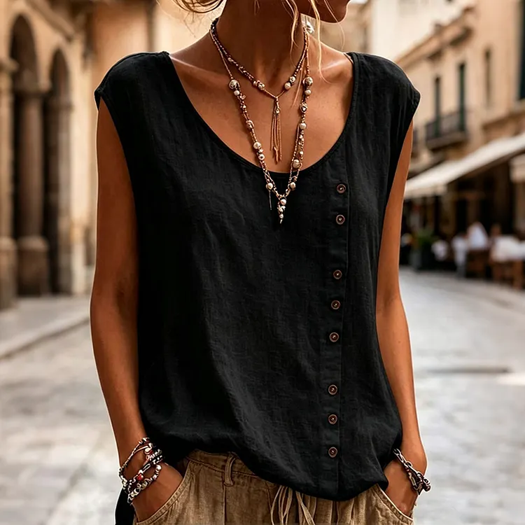 Women's Solid Color Cotton And Linen Buttons Literary Tank Tops