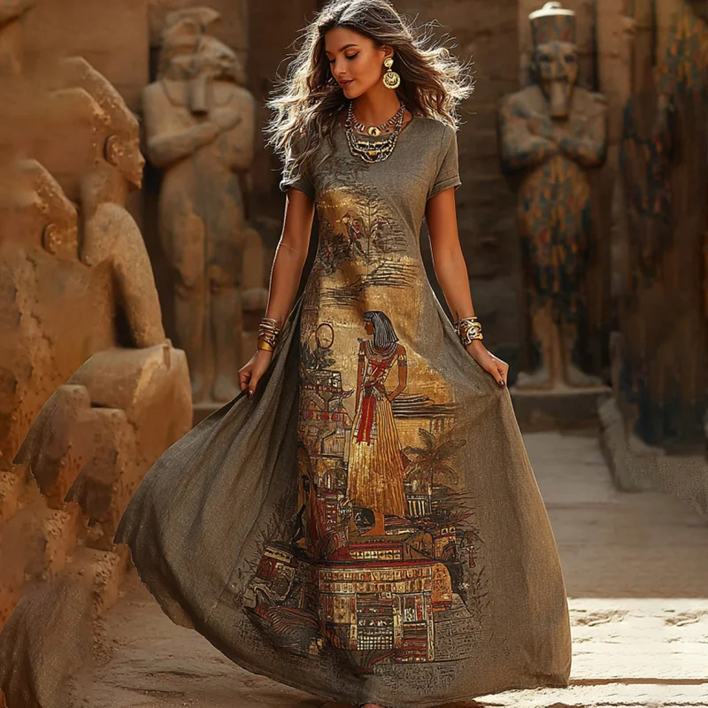 Women's Vintage Ankh Ancient Egyptian Embroidered Linen Maxi Dress