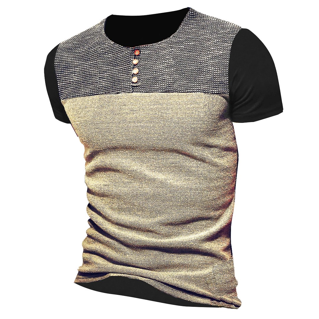 Men's Outdoor Retro Stitching Printed Henley Collar Short Sleeved T-shirt-Compassnice®