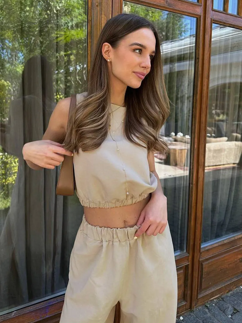Churchf Churchf And Linen Suit Summer 2024 Short Style Sleeveless Elastic Waist Top Trousers Slit Two-Piece Suit
