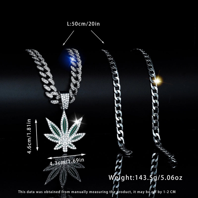 Hot Sale Fashion Hip Hop Long Twin Maple Leaf Necklace Men And Women Street Personality Diamond Stud Cuban Link Chain