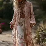 Women's Pink Rose Pattern Casual Long Cardigan - Image 2