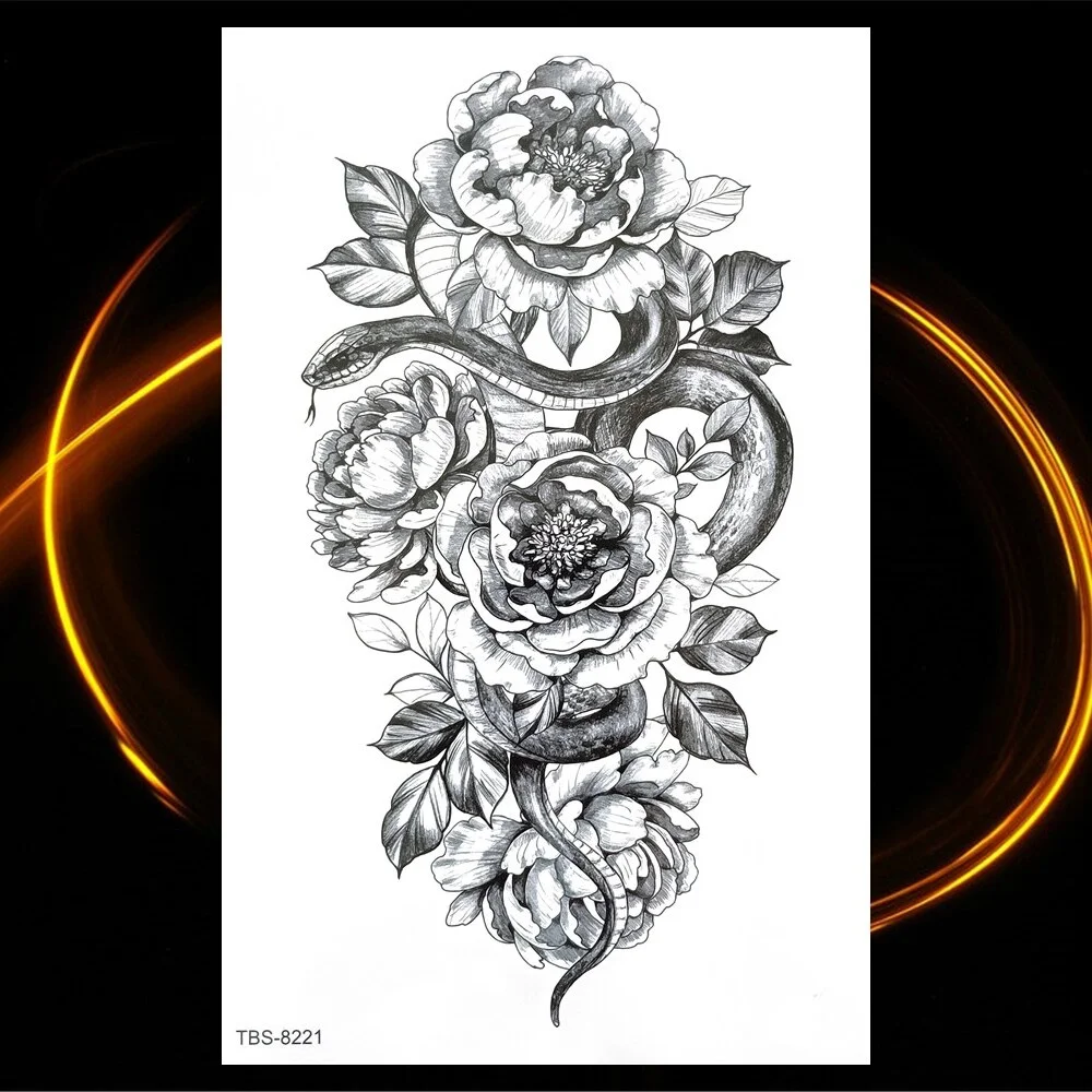 Sdrawing Skeleton Fake Temporary Tattoos For Women Men Green Snake Rose Daisy Flower Tattoo Scorpion King Body Thigh Waterproof Tatoo