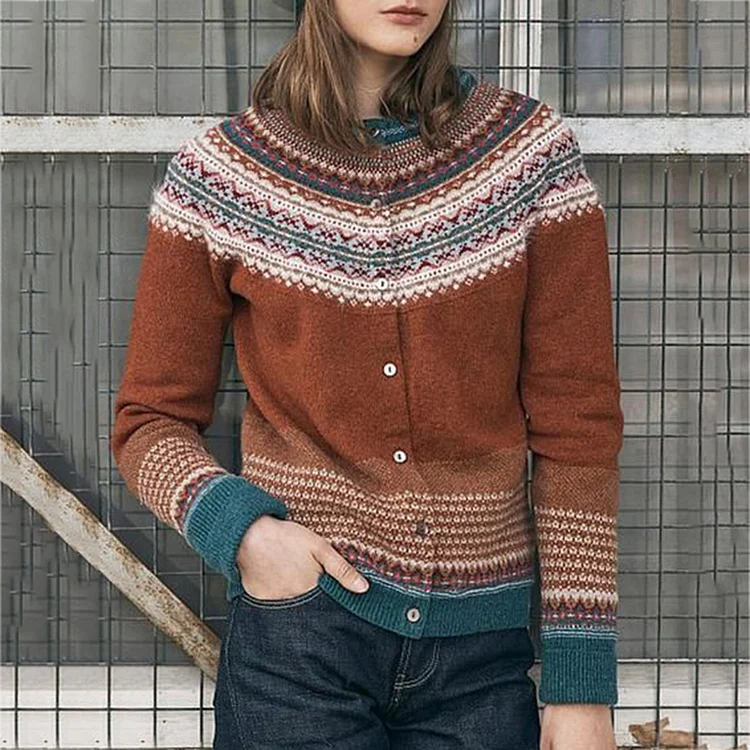 Vintage Contrast Jacquard Long Sleeve Sweater Cardigan