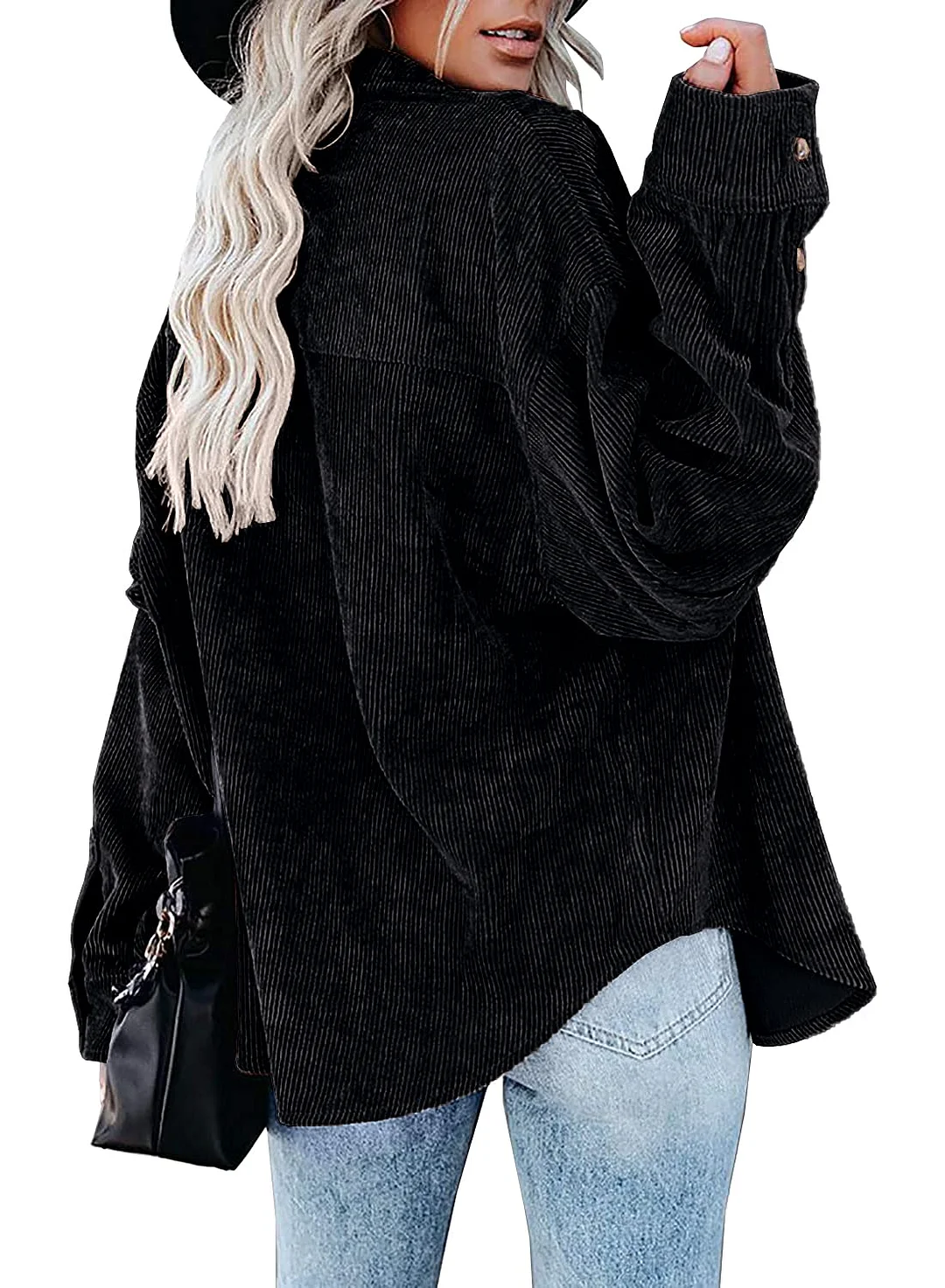 MIHOLL Women Corduroy Long Sleeve Button Down Collared Shirt Jacket Tops