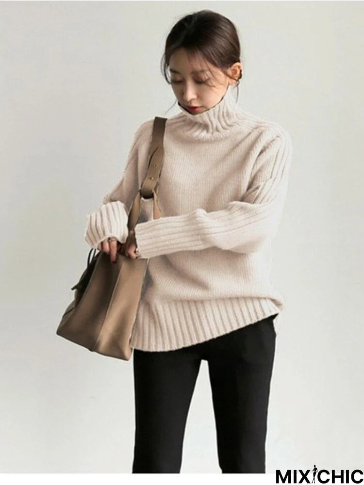 Fashionkova 2022 Autumn Winter Women  Fashion Tops New Long Sleeve High Collar Knitted Sweater Loose Temperament Solid Color Female Pulovers