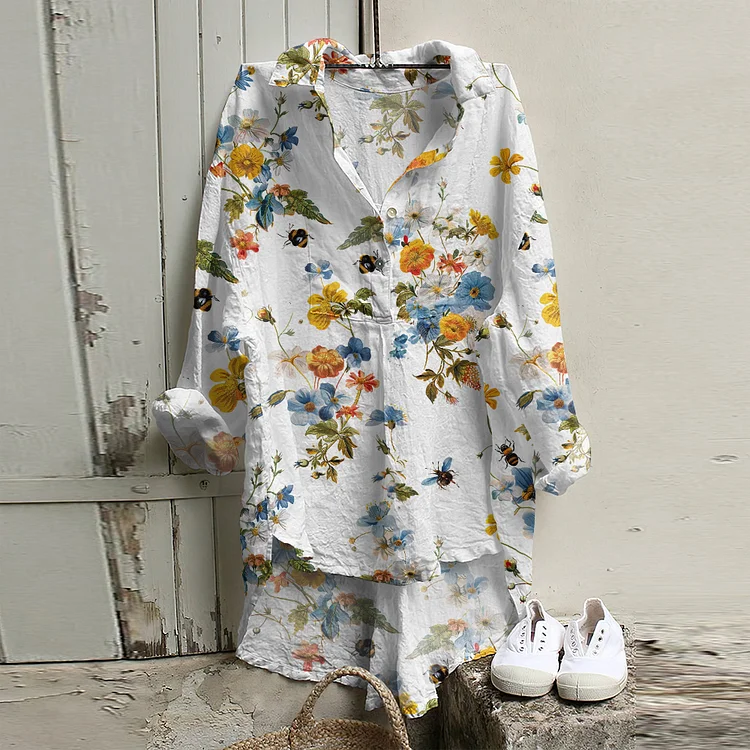 Comstylish Casual Blossom and Bees Print Long Sleeve Shirt