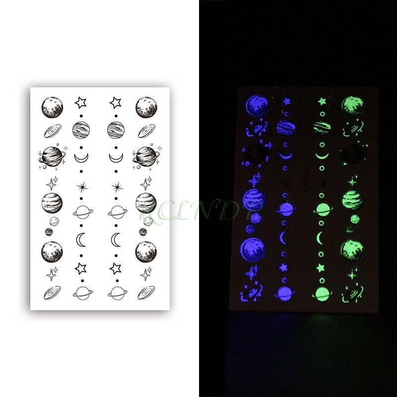 Waterproof Temporary Luminous Tattoo Sticker Moon Lunar Planet Star Sky Element Tattos Flash Tatoo Fake Tatto for Kids Women Men