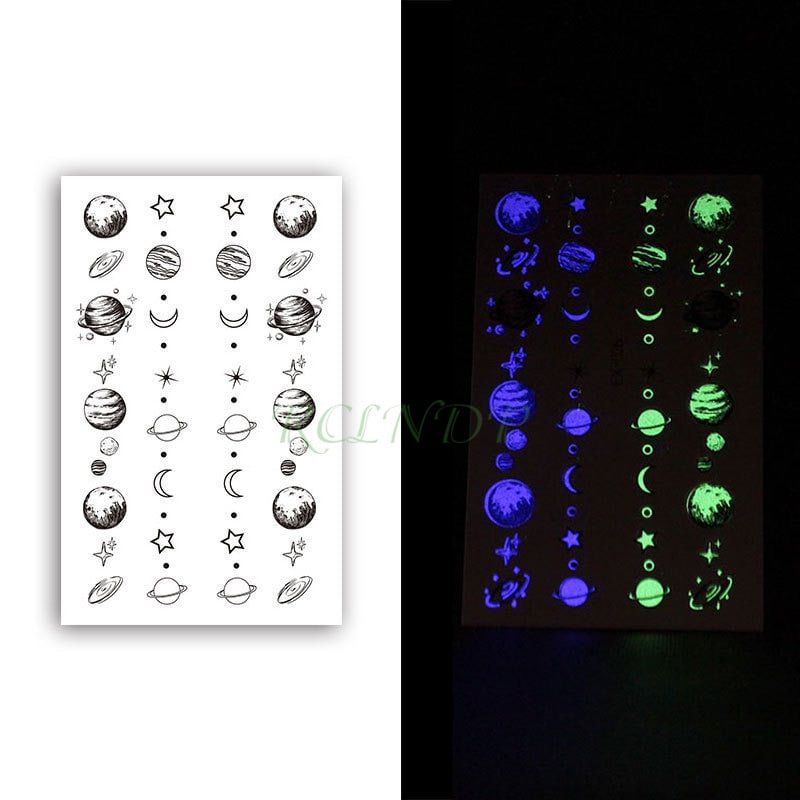 Waterproof Temporary Luminous Tattoo Sticker Moon Lunar Planet Star Sky Element Tattos Flash Tatoo Fake Tatto for Kids Women Men