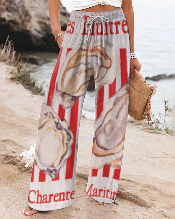 Les Huîtres Oyster Print Wide-leg Casual Pants