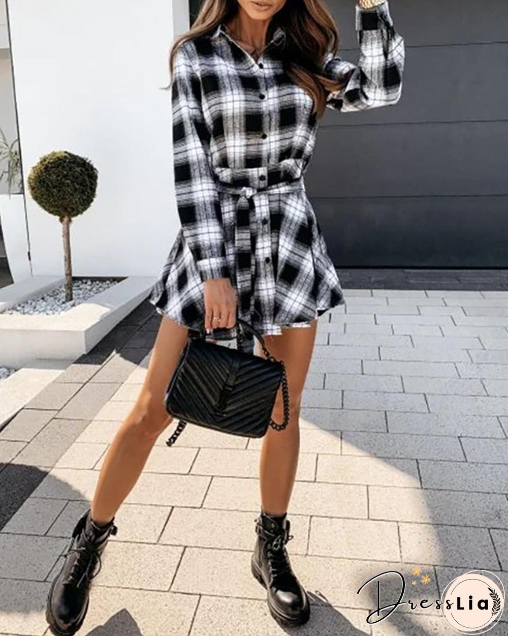 Plaid Colorblock Long Sleeve Shirt Dress P13915
