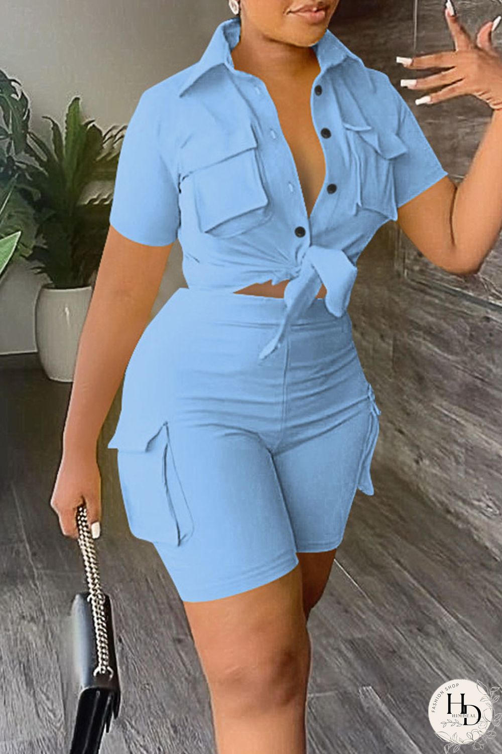 Khaki Casual Solid Bandage Patchwork Pocket Buckle Turndown Collar Short Sleeve Two Pieces