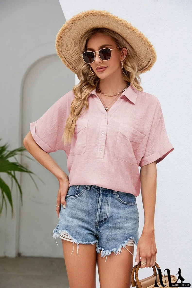 MidiSono - Half Button Johnny Collar Blouse