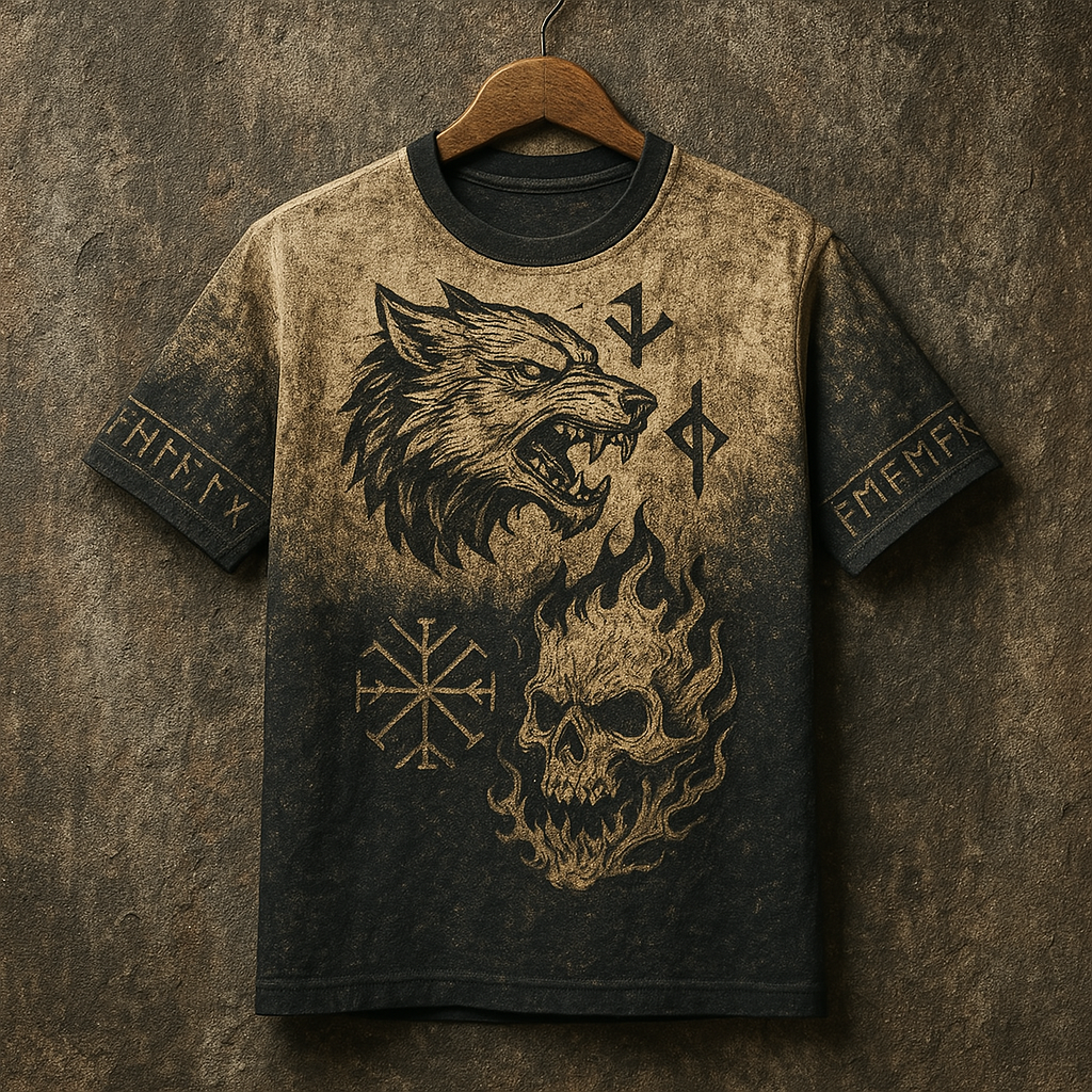 Men's Vintage Viking Ruen Wolf Art T-Shirt