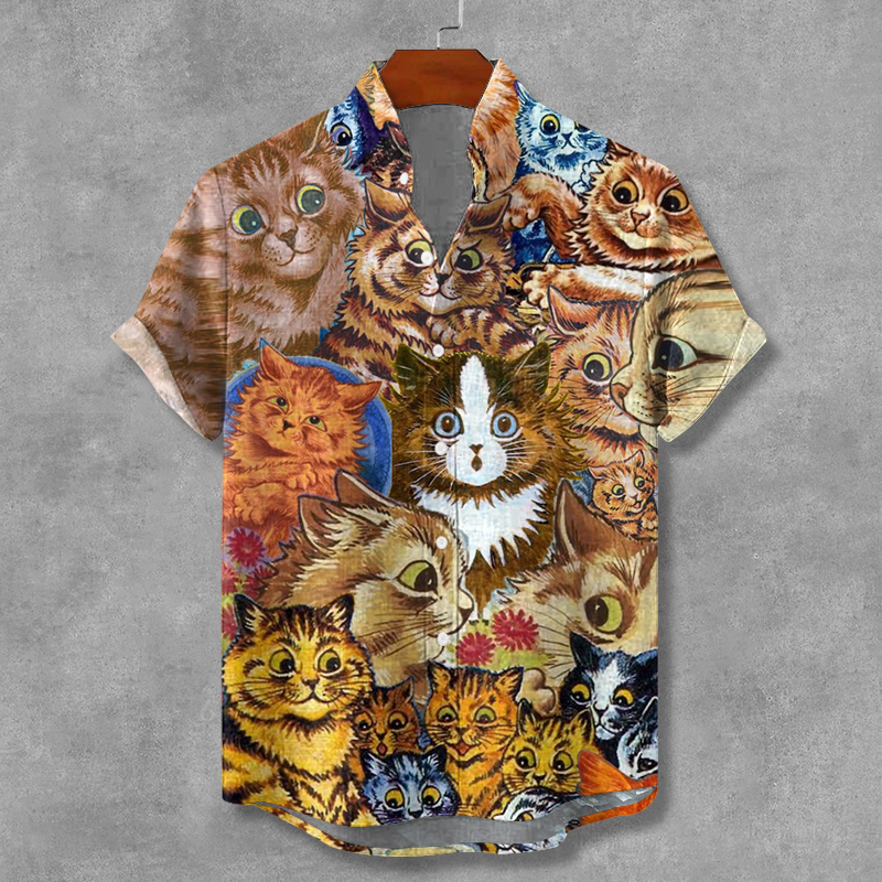 Comstylish Retro Cat Encyclopedia Abstract Art Linen Shirt