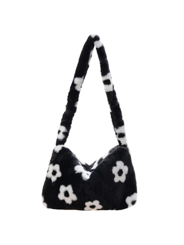 Flower Pattern Shoulder Underarm Bag Women Plush Top-handle Handbag (11)