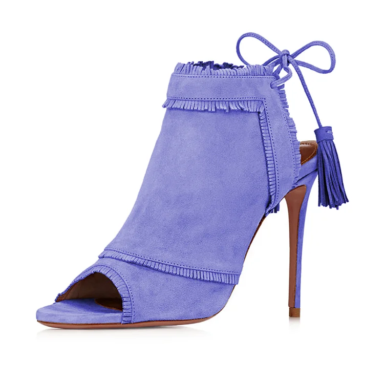 Periwinkle Blue Summer Boots Peep Toe Fringes Slingback Stiletto Heels |FSJ Shoes