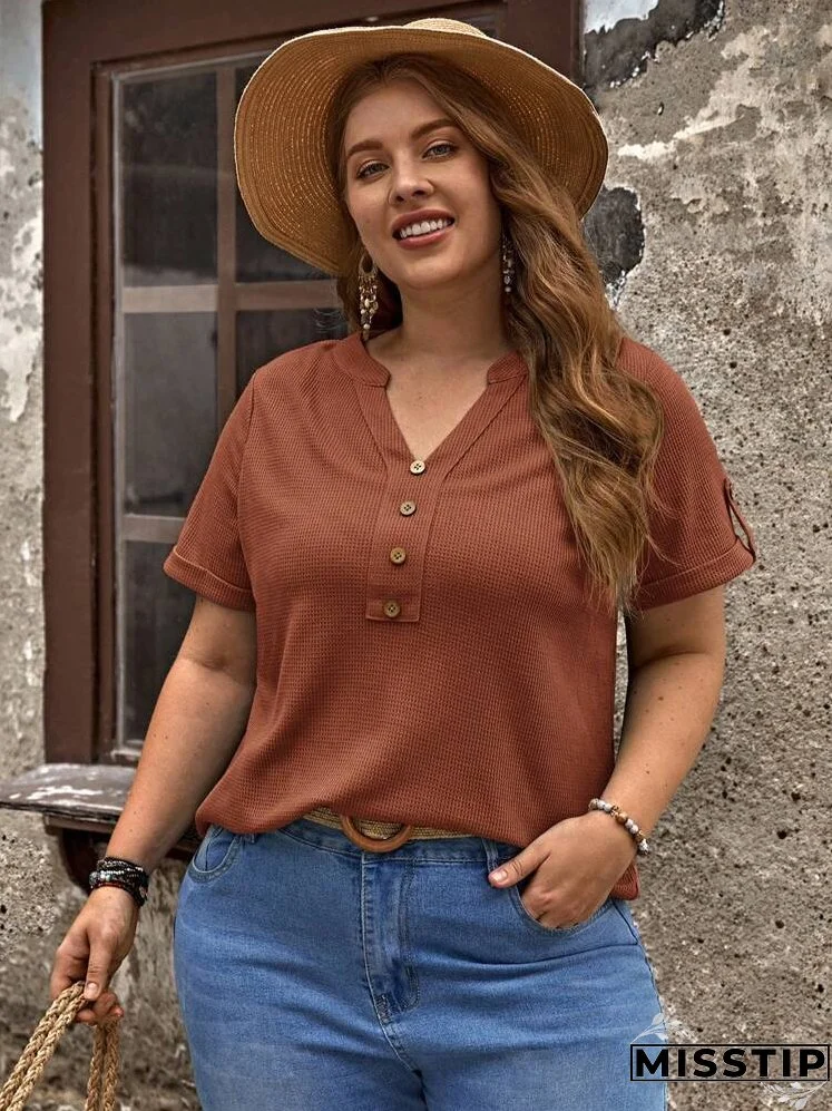 Plus Notched Neckline Roll Tab Sleeve Tee