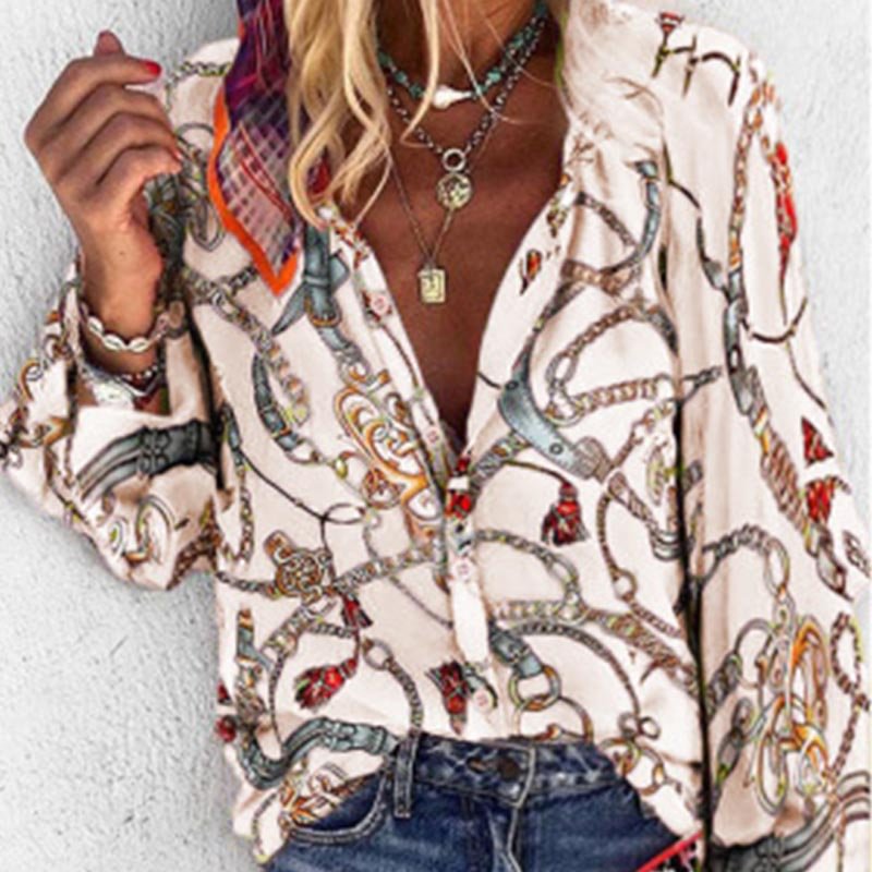 Gentillove Lady Vintage Blouse Women Spring Autumn Chain Print Long Sleeve Loose Shirt Tops Single-breasted Overtsized Tunic