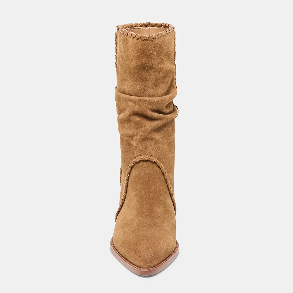 Brown Vegan Suede Pointed Toe Pleated Mid Calf Boots with Chunky Heel