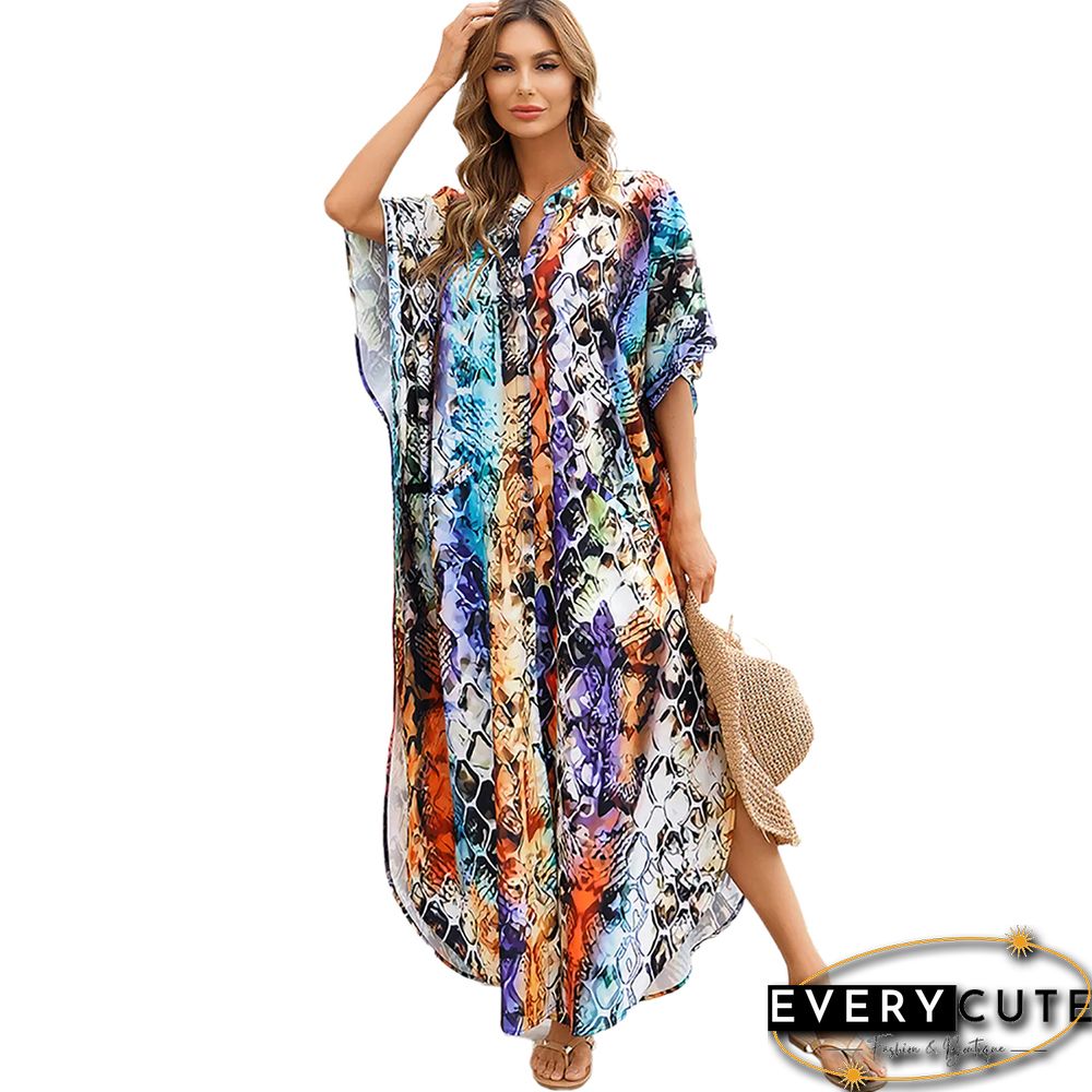 Orange Button-down Holiday Beach Kimono Dress with Pocket