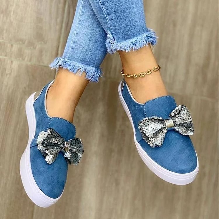 Women Stylish Denim Paillette Bowknot Slip On Loafers -loafers