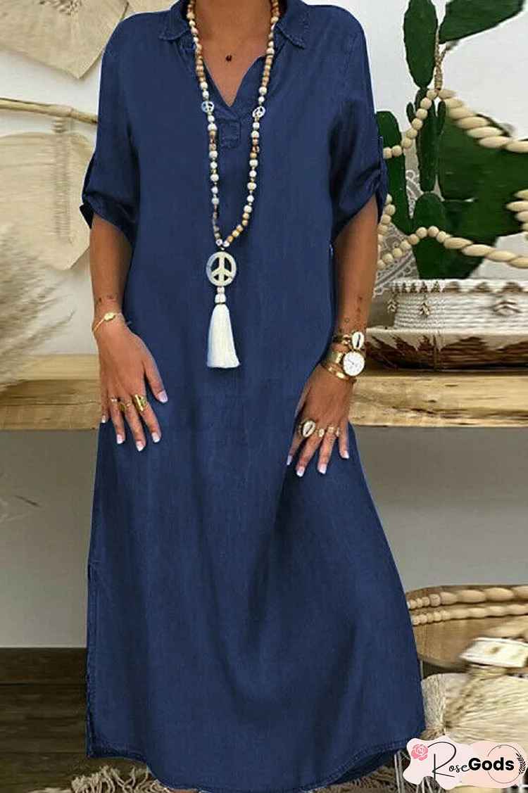 Denim Slit Maxi Shirt Dress