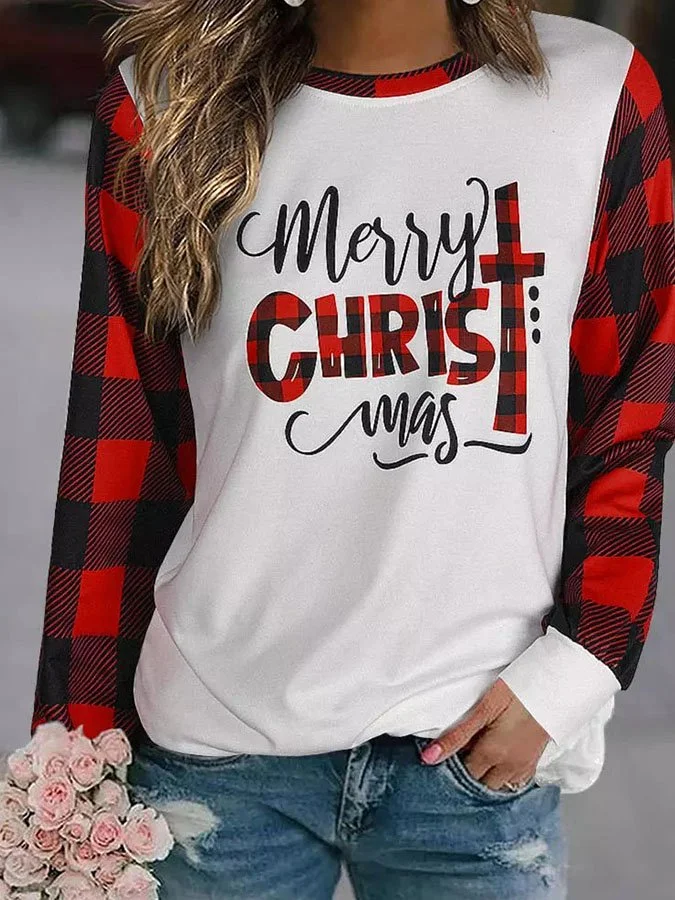 Merry Christmas Patchwork Plaid Long Sleeve Sweatshirt