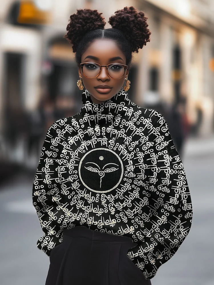 Women's Middle Eastern Style Vintage Totem Print High Neck Knit Sweatshirt