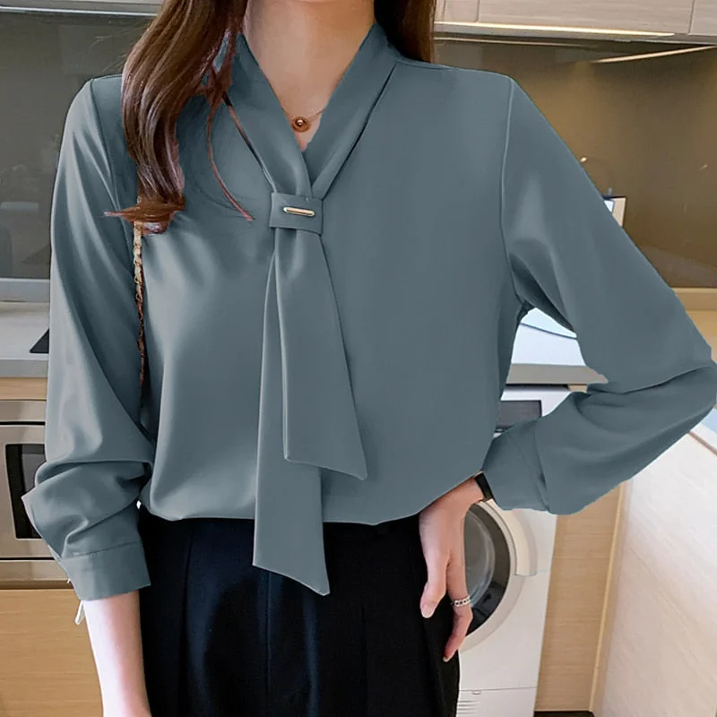 2021 Spring New Fashion Chiffon Women Blouse Office Lady Long Sleeve Solid Women Shirts with Tie V Neck Loose Female Clothing
