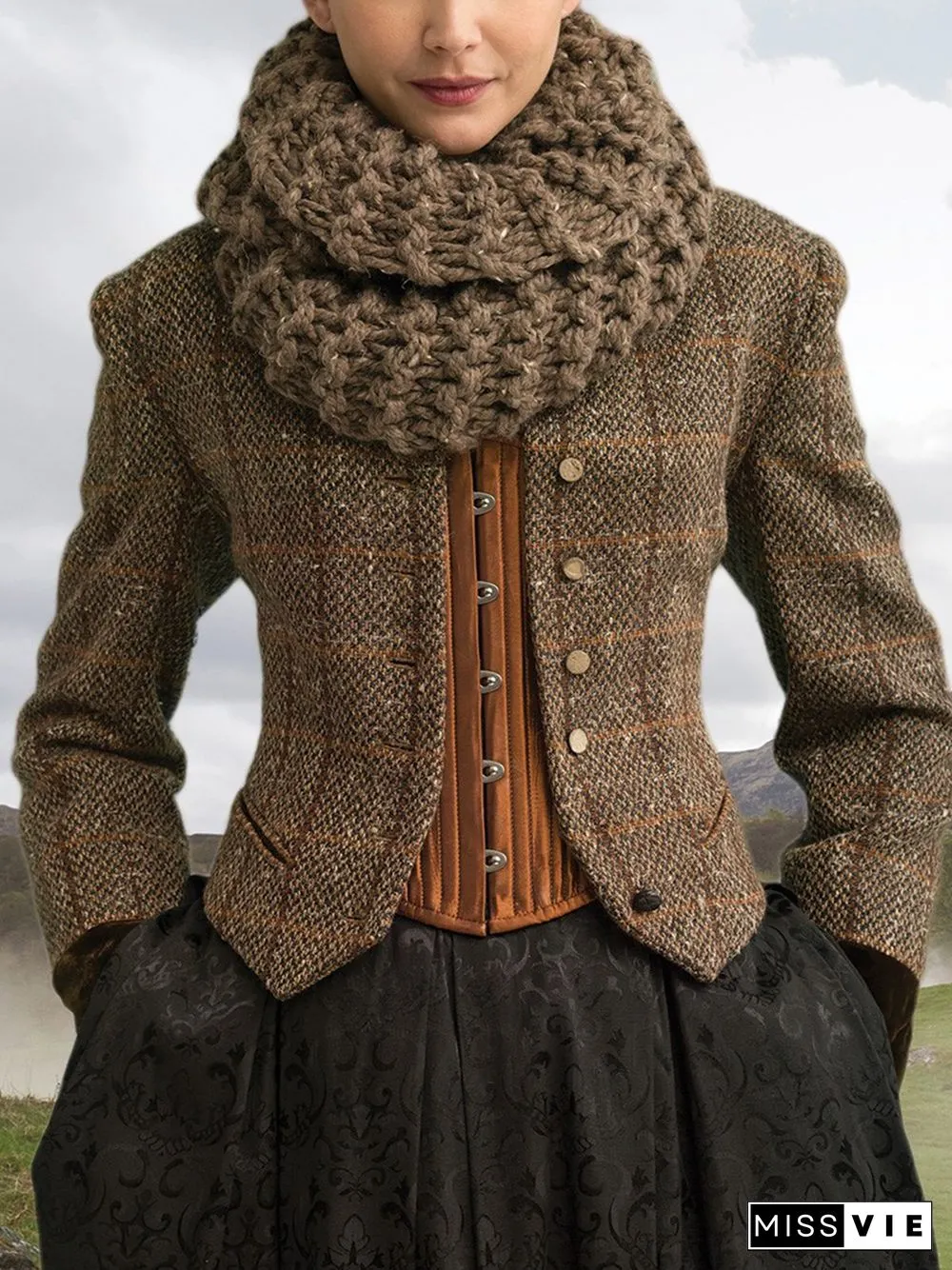 Brown Paneled Long Sleeve Plaid Knit coat