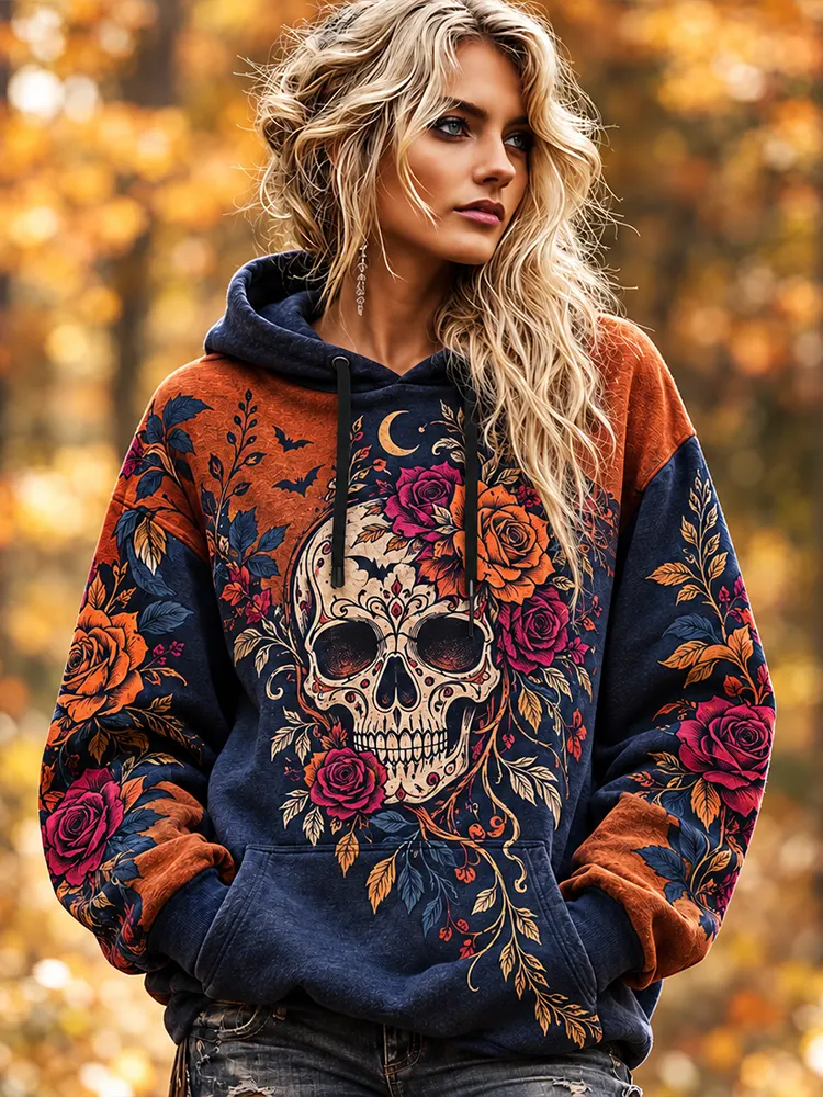 Comstylish Women's Floral Skull Hooded Sweatshirt
