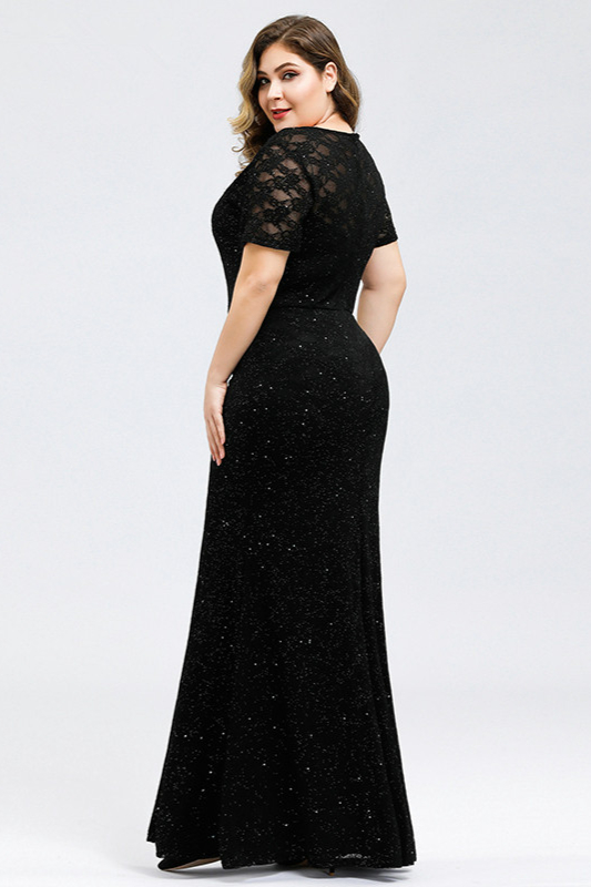 Sparkle Short Sleeve Black Lace Evening Gowns Mermaid Prom Dress With ...
