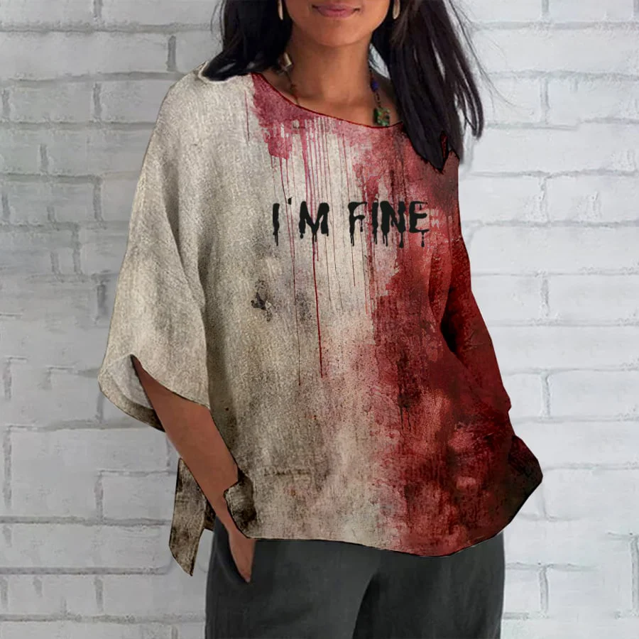 Women's Bloody Im Fine Halloween Printed Cotton And Linen Shirt