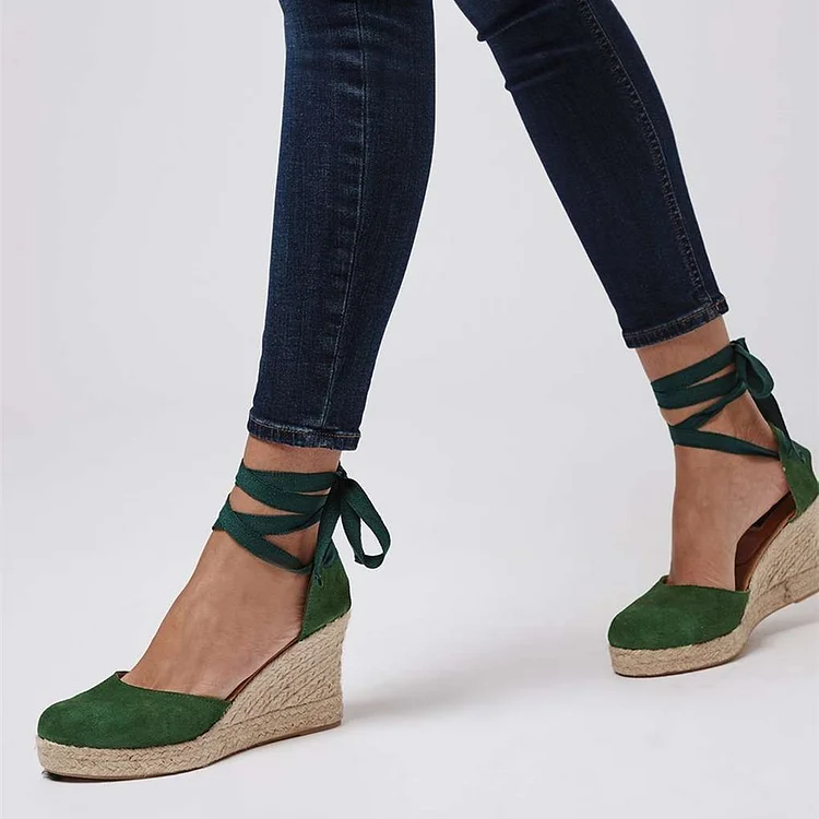 Green Vegan Suede Espadrille Wedges Platform Strappy Shoes |FSJ Shoes