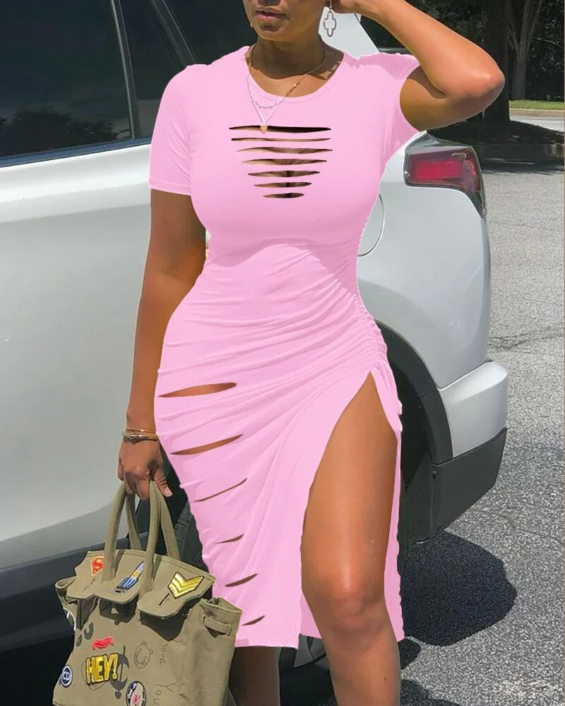 Wongn Wongn Sexy Round Collar Short Sleeve Slit Pleated Dress