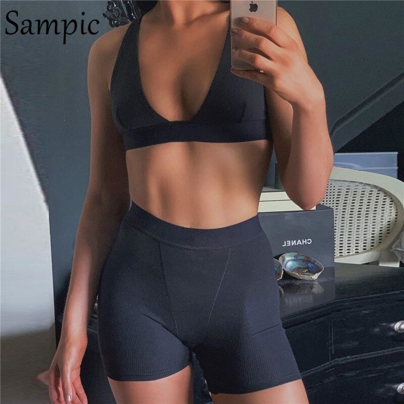 Sampic Sexy Women Summer Set V Neck Sleeveless Sport Tops And Bodycon Skinny Biker Shorts Two Piece Set Bottom Outfits Suit 2020