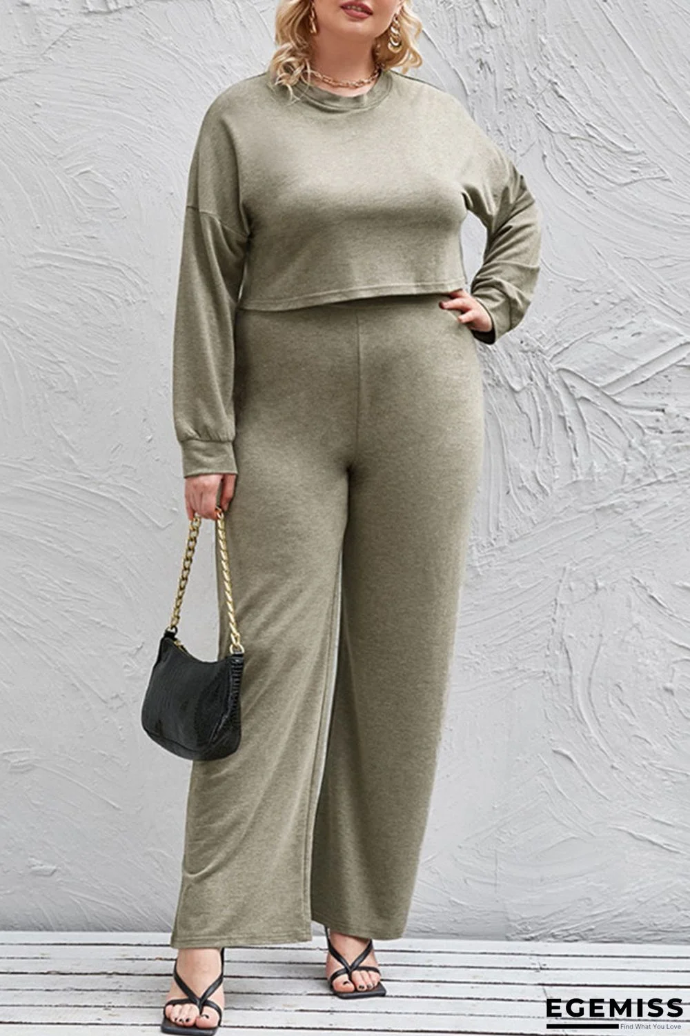 Green Casual Solid Patchwork O Neck Plus Size Two Pieces | EGEMISS