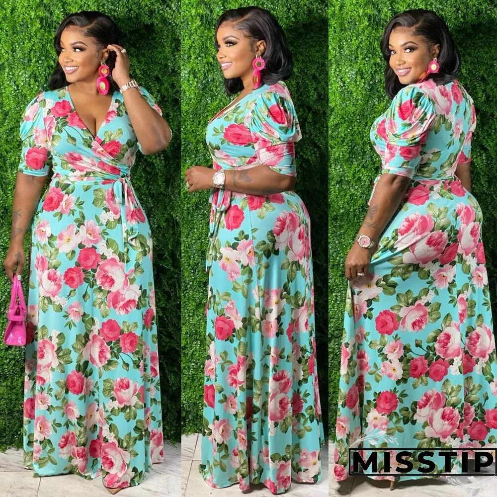 Floral Print Short Sleeve Lace Up Maxi Dresses