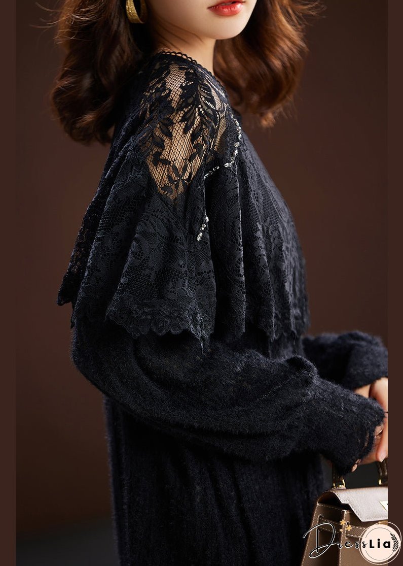 New Black Hollow Out Lace Patchwork Knit Tops Long Sleeve