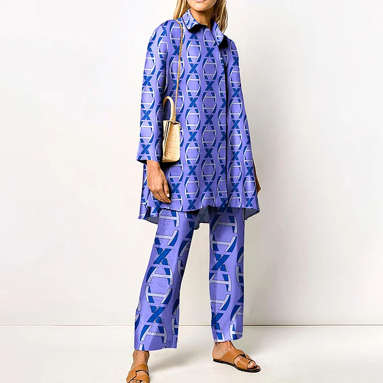 Fashion Geometric Print Shirt Two Piece Set