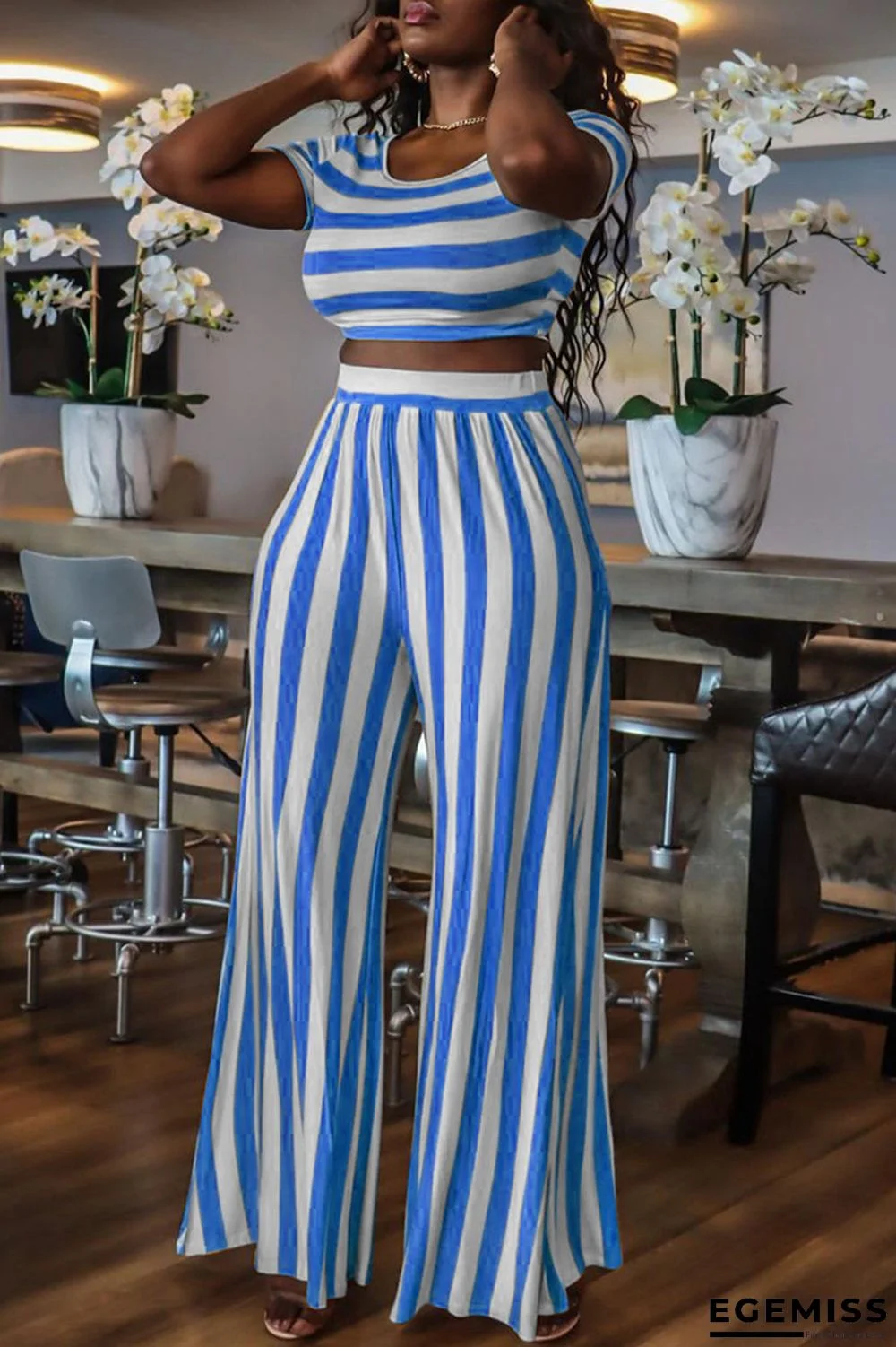 Blue White Fashion Casual Striped Print Basic O Neck Short Sleeve Two Pieces | EGEMISS