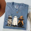 Unisex Retro Comfort Colors Halloween Ghost Cat Printed Short Sleeve T-Shirt