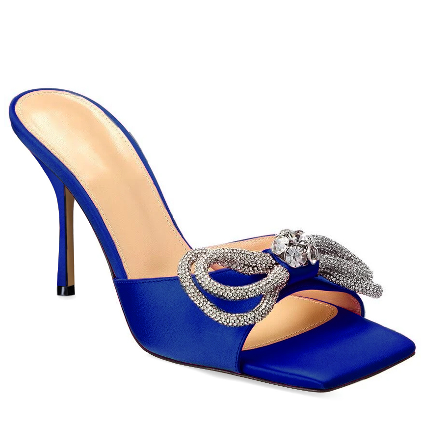 90mm Women's Heeled Sandals Square Open Toe Double Bow Satin Mules Heels Slip on Stilettos