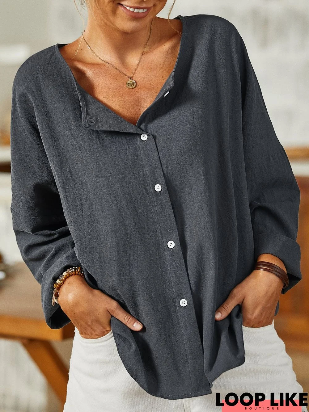 Casual Shirt Collar Cotton-Blend Tunic Top