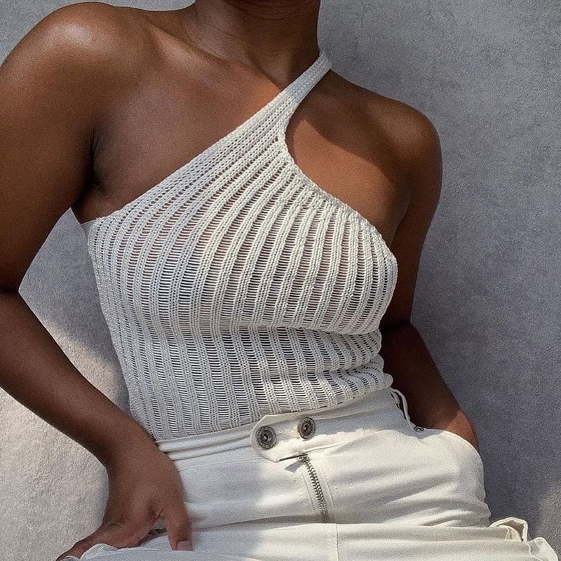 Cryptographic 2021 Summer Sexy One Shoulder Crop Tops Women Backless Fashion Outfits Knitting Tops Camisole Streetwear