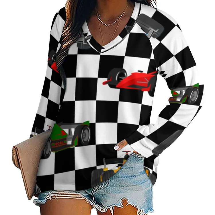 Race Cars Racing Flags Checkered Checker Flag Women Crew Neck Dressy Tops Loose V-Neck Long Sleeve Tunic Tops - Heather Prints Shirts