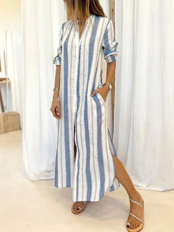 Women's Casual V-neck Long Sleeve Striped Print Contrast Color Cotton and Linen Dress 