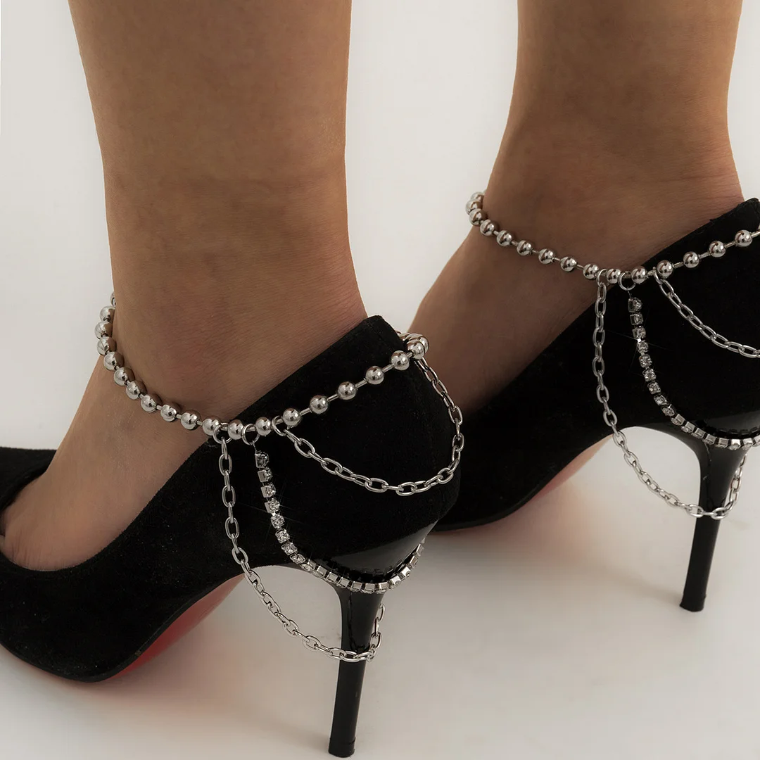 Multilayer Tennis Bead Link Chain Tassel Anklets for Women-VESSFUL