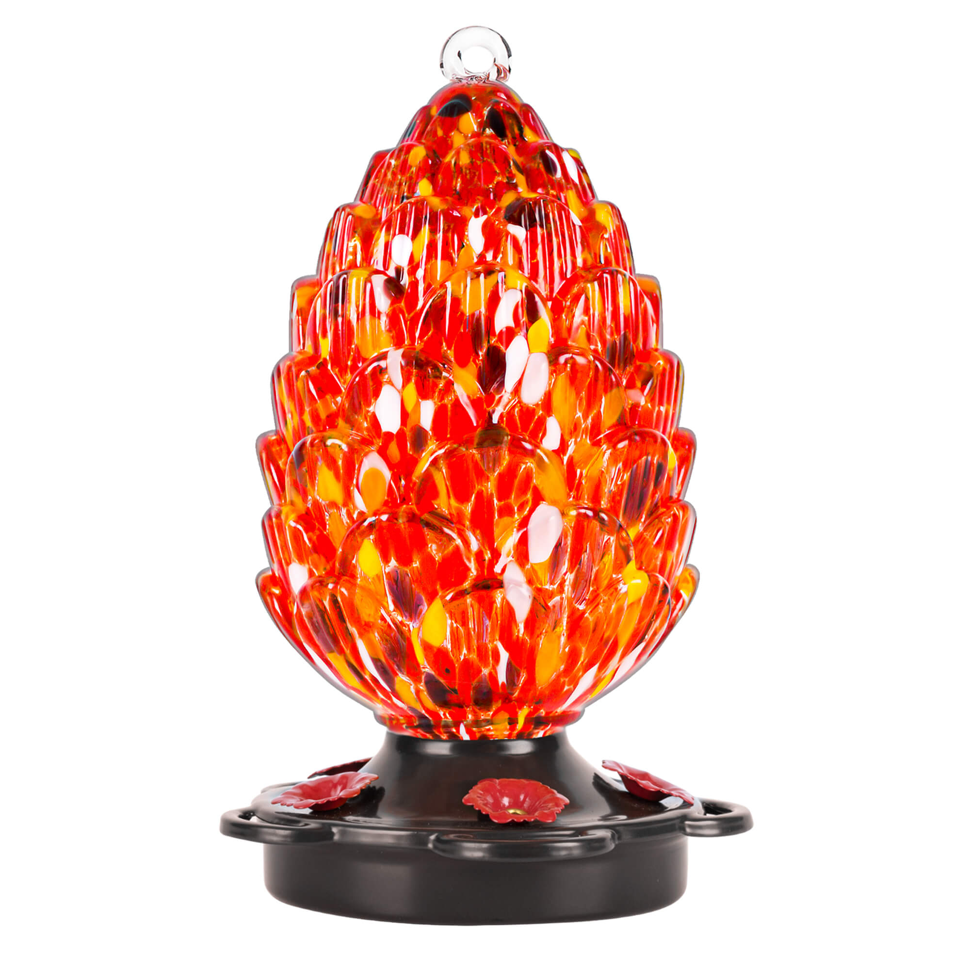 LUJII Pine Cone Shaped Hand Blown Glass Hummingbird Feeder for Outdoors Hanging, Rust Proof & Leak Proof, 25 fl.oz, Unique Gift for Bird Lover, Garden & Backyard Decor, Red